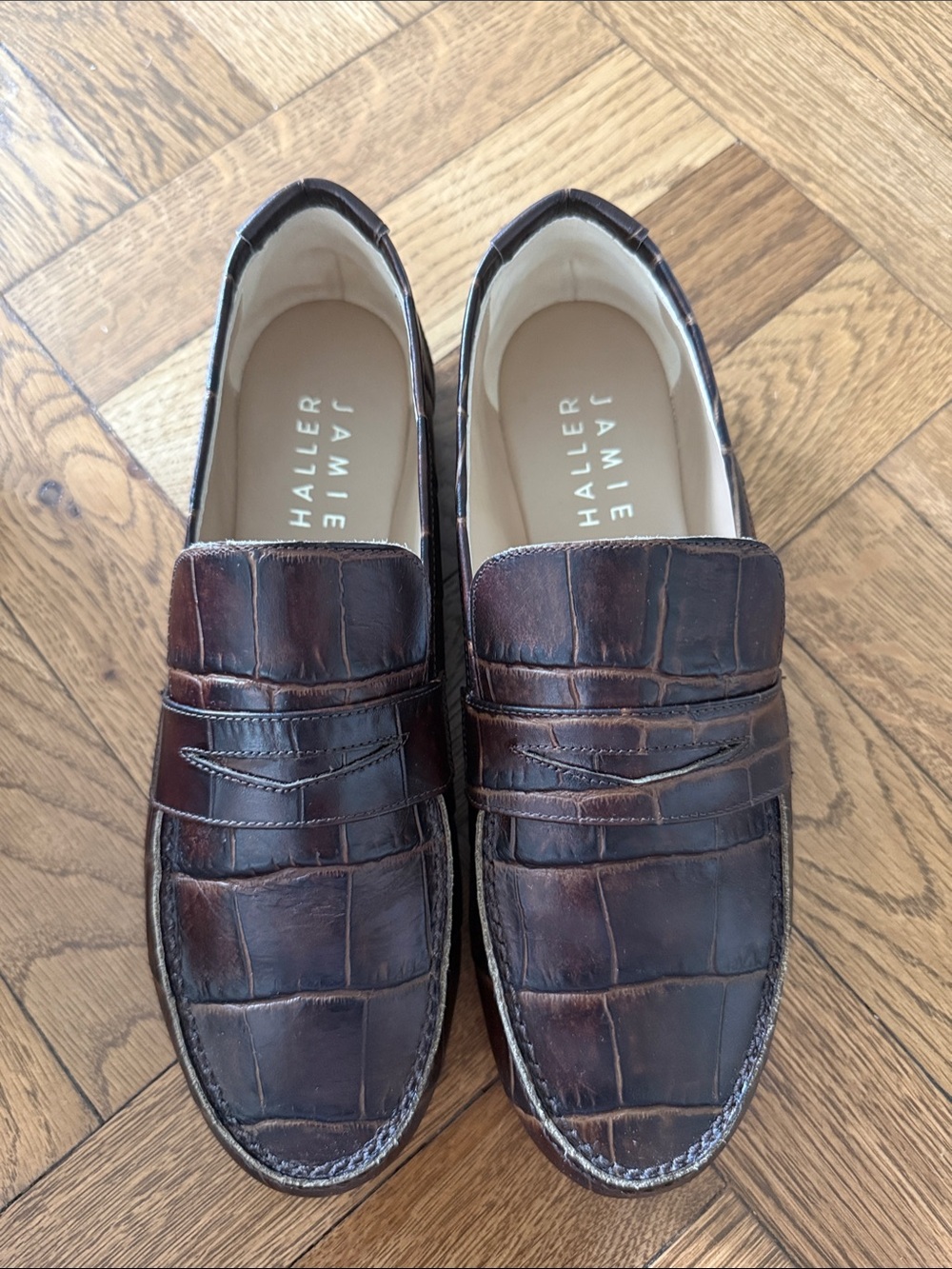 Jamie Haller Brown Croc-Embossed Loafers, size 37!